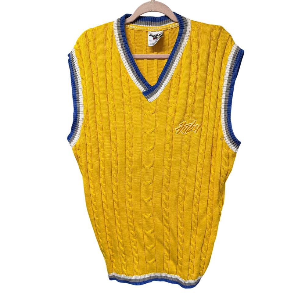 FUBU Cable Knit Sweater Vest Yellow Preppy Streetwear Retro - Picture 3 of 6